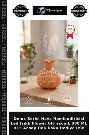 Delux Serisi Hava Nemlendiricisi Led Işıklı Flower Ultrasonik 300 ML H15 Ahşap Oda Koku Hediye USB