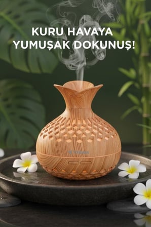Delux Serisi Hava Nemlendiricisi Led Işıklı Flower Ultrasonik 300 ML H15 Ahşap Oda Koku Hediye USB