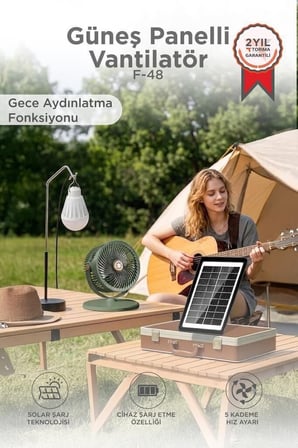 Premium Açık Hava Enerji Aydınlatma Güneş Panelli Vantilatör Şarjlı Ampüllü F48
