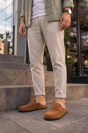 JY0456 Rayn Bağcıksız Hakiki Süet Deri Erkek Günlük Mantar Taban Loafer Klasik Ayakkabı HDMT - Taba