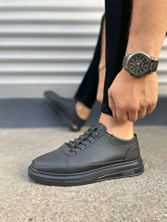 JY0535 Prime Bağcıklı Cilt Erkek Günlük Sneaker Ayakkabı CST - Siyah