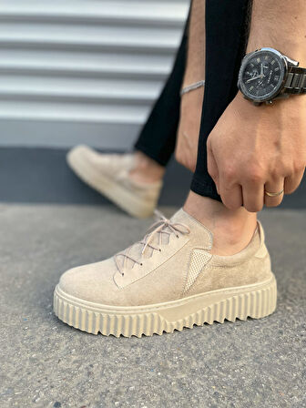 JY502 Bold Bağcıklı Süet Erkek Günlük Sneaker Ayakkabı SKT - Krem