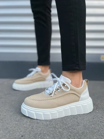 JY010 Cloud Bağcıklı Süet Erkek Günlük Sneaker Ayakkabı SBT - Krem/Beyaz
