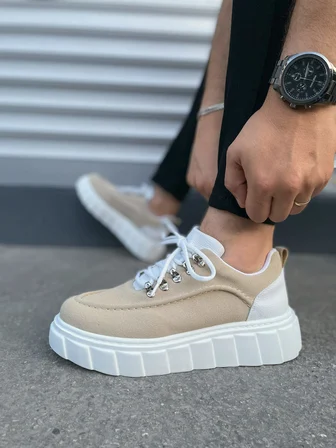 JY010 Cloud Bağcıklı Süet Erkek Günlük Sneaker Ayakkabı SBT - Krem/Beyaz
