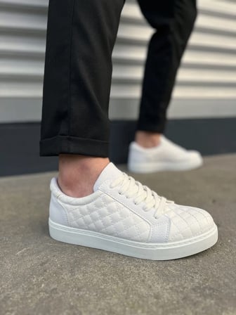 JY166 Prestige Bağcıklı Cilt Kapitone Desenli Erkek Günlük Sneaker Ayakkabı CBT - Beyaz