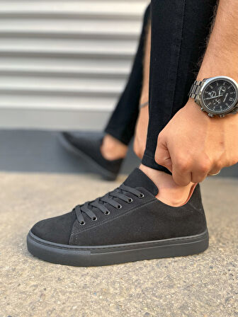 JY122 Mode Bağcıklı Süet Erkek Günlük Sneaker Ayakkabı SST - Siyah