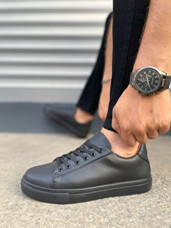 JY122 Mode Bağcıklı Cilt Erkek Günlük Sneaker Ayakkabı CST - Siyah