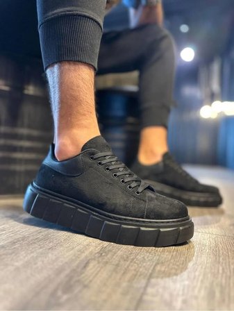 JY144 Volt Bağcıklı Süet Erkek Günlük Sneaker Yüksek Taban Ayakkabı SST Siyah