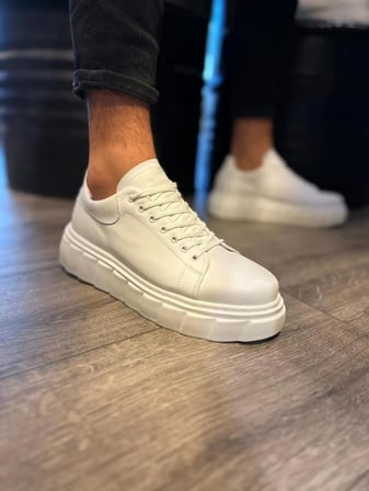 JY144 Volt Bağcıklı Cilt Erkek Günlük Sneaker Yüksek Taban Ayakkabı CBT Beyaz