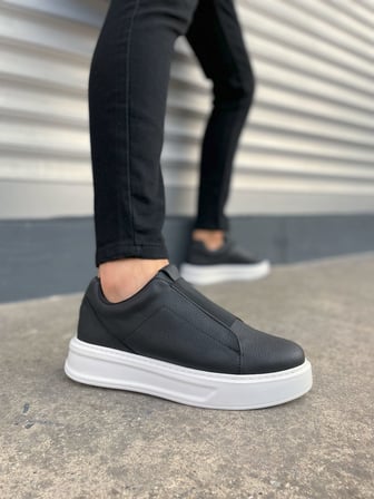 JY144 Volt Bağcıklı Cilt Erkek Günlük Sneaker Yüksek Taban Ayakkabı CST Siyah