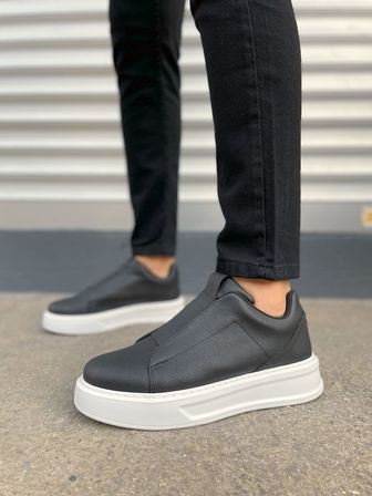 JY144 Volt Bağcıklı Cilt Erkek Günlük Sneaker Yüksek Taban Ayakkabı CST Siyah