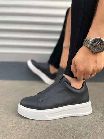 JY144 Volt Bağcıklı Cilt Erkek Günlük Sneaker Yüksek Taban Ayakkabı CST Siyah