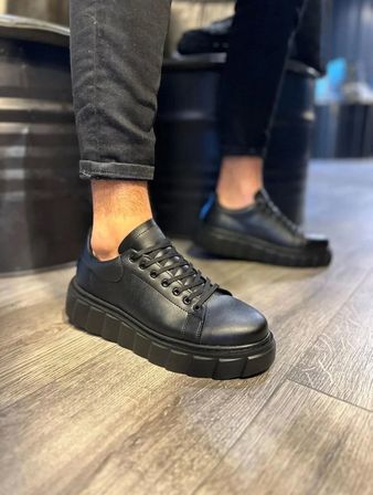 JY144 Volt Bağcıklı Cilt Erkek Günlük Sneaker Yüksek Taban Ayakkabı CST Siyah