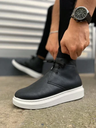 JY207 Oslo Bağcıklı Ortopedik Taban Cilt Erkek Spor Bot CBT - Siyah