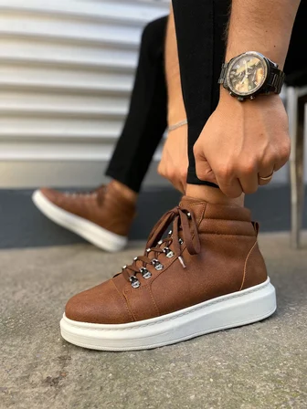 JY206 Ottawa Bağcıklı Ortopedik Taban Cilt Erkek Spor Bot CBT - Taba