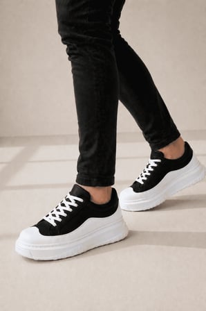 JY507 Dara Bağcıklı Süet Cilt Erkek Günlük Sneaker Ayakkabı SCBT Siyah/Beyaz