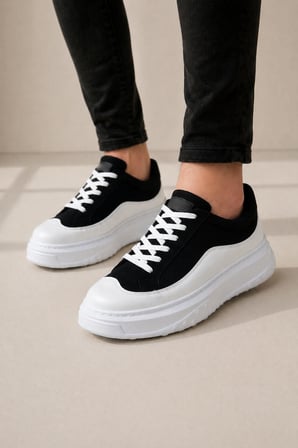 JY507 Dara Bağcıklı Süet Cilt Erkek Günlük Sneaker Ayakkabı SCBT Siyah/Beyaz