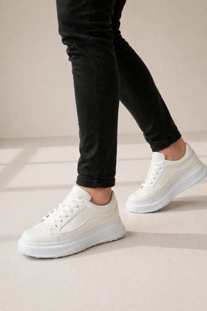 JY507 Dara Bağcıklı Cilt Erkek Günlük Sneaker Ayakkabı CBT Beyaz