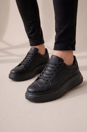 JY507 Dara Bağcıklı Cilt Erkek Günlük Sneaker Ayakkabı CST Siyah