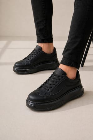 JY507 Dara Bağcıklı Cilt Erkek Günlük Sneaker Ayakkabı CST Siyah