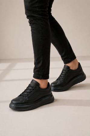JY507 Dara Bağcıklı Cilt Erkek Günlük Sneaker Ayakkabı CST Siyah