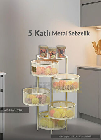 5 Katlı Sebzelik Açılır Metal Patates Soğan Sepeti Paslanmaz Meyvelik Organizer Sepet Krem