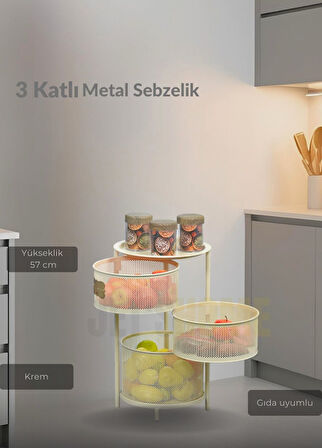 3 Katlı Sebzelik Açılır Metal Patates Soğan Sepeti Paslanmaz Meyvelik Organizer Sepet Krem