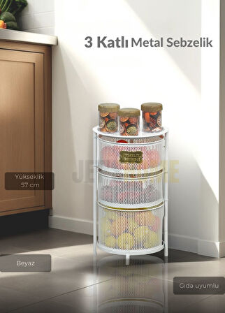 3 Katlı Sebzelik Açılır Metal Patates Soğan Sepeti Paslanmaz Meyvelik Organizer Sepet Beyaz