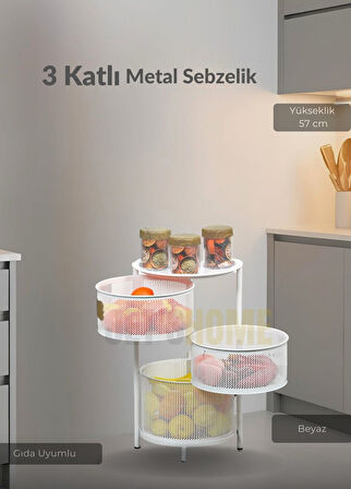 3 Katlı Sebzelik Açılır Metal Patates Soğan Sepeti Paslanmaz Meyvelik Organizer Sepet Beyaz