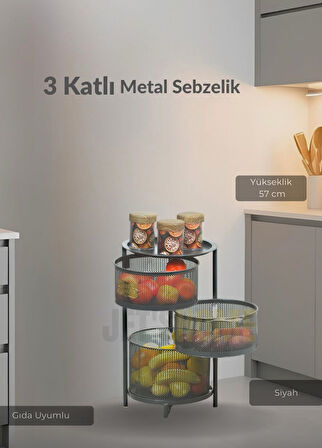 3 Katlı Sebzelik Açılır Metal Patates Soğan Sepeti Paslanmaz Meyvelik Organizer Sepet Siyah