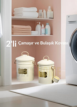 2'li Set Çamaşır Kovası Metal Bulaşık Kovası Ölçekli Deterjan Kutusu Paslanmaz Krem Galvaniz