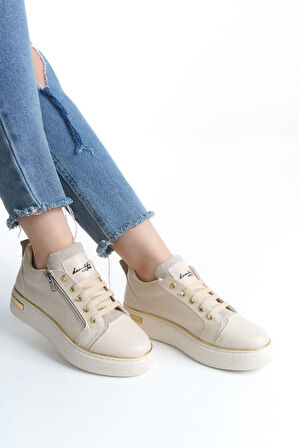 JET-DINA Bağcıklı Fermuarlı Ortopedik Taban Kadın Sneaker Spor Ayakkabı  CKT - Krem/Altın