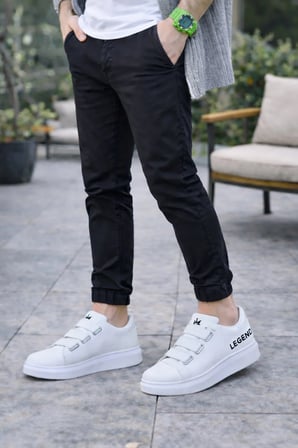 JY029 Mono Bağcıksız 3 Bantlı Lastikli Legend Cilt Erkek Günlük Sneaker Ayakkabı CBT - Beyaz