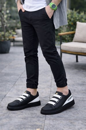JY029 Mono Bağcıksız 3 Bantlı Lastikli Legend Cilt Erkek Günlük Sneaker Ayakkabı CST - Siyah/Beyaz