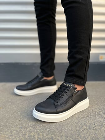JY155 Warrior Bağcıklı ve Fermuarlı Cilt Erkek Günlük Sneaker Ayakkabı CBT - Siyah