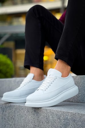 JY814 Axel Bağcıklı Cilt Erkek Günlük Sneaker Ayakkabı CBT Beyaz