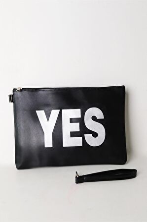 Kadın Vegan Deri Clutch Fermuarlı Siyah Baskılı Omuz Çantası