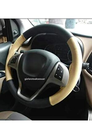 Jeep Uyumlu Deri Dikmeli Direksiyon Kılıfı Bej-Siyah 4parçalı