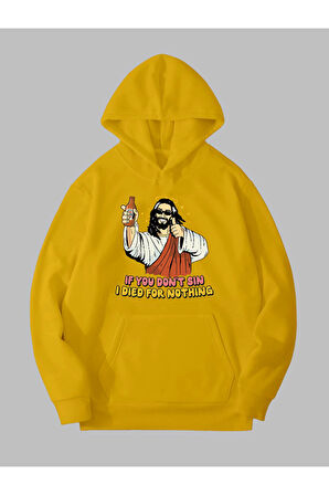 Üç İplik Jesus Baskılı Unisex Sarı Kanguru Cepli Kapüşonlu Sweatshirt Hoodie | S