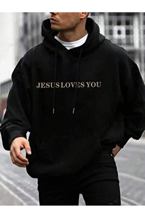 Jesus Loves You Baskılı Unisex Siyah Kanguru Cepli Kapüşonlu Sweatshirt Hoodie | L