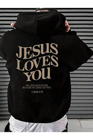 Jesus Loves You Baskılı Unisex Siyah Kanguru Cepli Kapüşonlu Sweatshirt Hoodie | XL