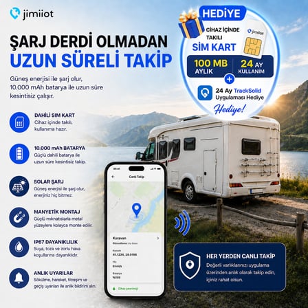 Jimi IoT LL303 Solar Enerjili 4G GPS Varlık Takip Cihazı – 10.000 mAh, IP67, Karavan, Tekne, Treyler ve İş Makinesi Takip