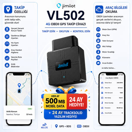 Jimi IoT VL502 4G GPS Araç Takip ve OBD Araç Bilgisayarı | Canlı Takip, Araç Verileri, OBDII Tak & Çalıştır