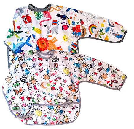 Yorni 2'li Ekonomik Set, Jungle ve Family 2-4yaş Uzun Kollu, Sıvı Geçirmeyen Bebek Önlük, Cepli ve Arkadan Cırtlı