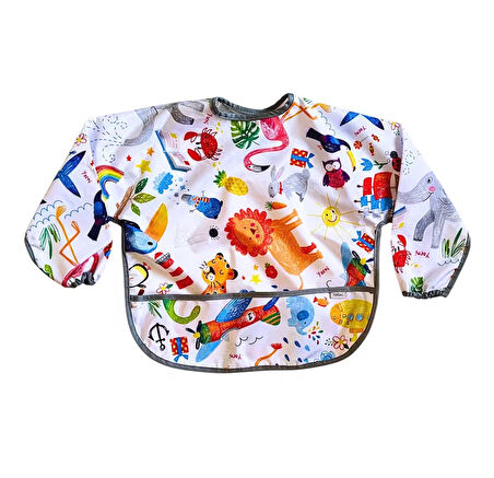 Yorni 2'li Ekonomik Set, Jungle ve Family 6-24AY Uzun Kollu, Sıvı Geçirmeyen Bebek Önlük, Cepli ve Arkadan Cırtlı