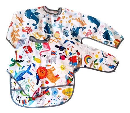 Yorni 2'li Ekonomik Set, Jungle ve Sea 2-4yaş Uzun Kollu, Sıvı Geçirmeyen Bebek Önlük, Cepli ve Arkadan Cırtlı