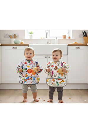 Yorni 2'li Ekonomik Set, Jungle ve Zoo 2-4yaş Uzun Kollu, Sıvı Geçirmeyen Bebek Önlük, Cepli ve Arkadan Cırtlı