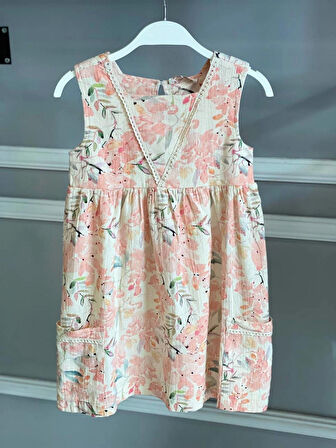 KIZ ÇOCUK SOMON RENK ÇİÇEK DESENLİ %100 PAMUK ELBİSE