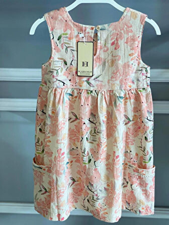 KIZ ÇOCUK SOMON RENK ÇİÇEK DESENLİ %100 PAMUK ELBİSE