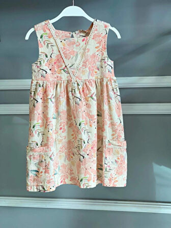 KIZ ÇOCUK SOMON RENK ÇİÇEK DESENLİ %100 PAMUK ELBİSE